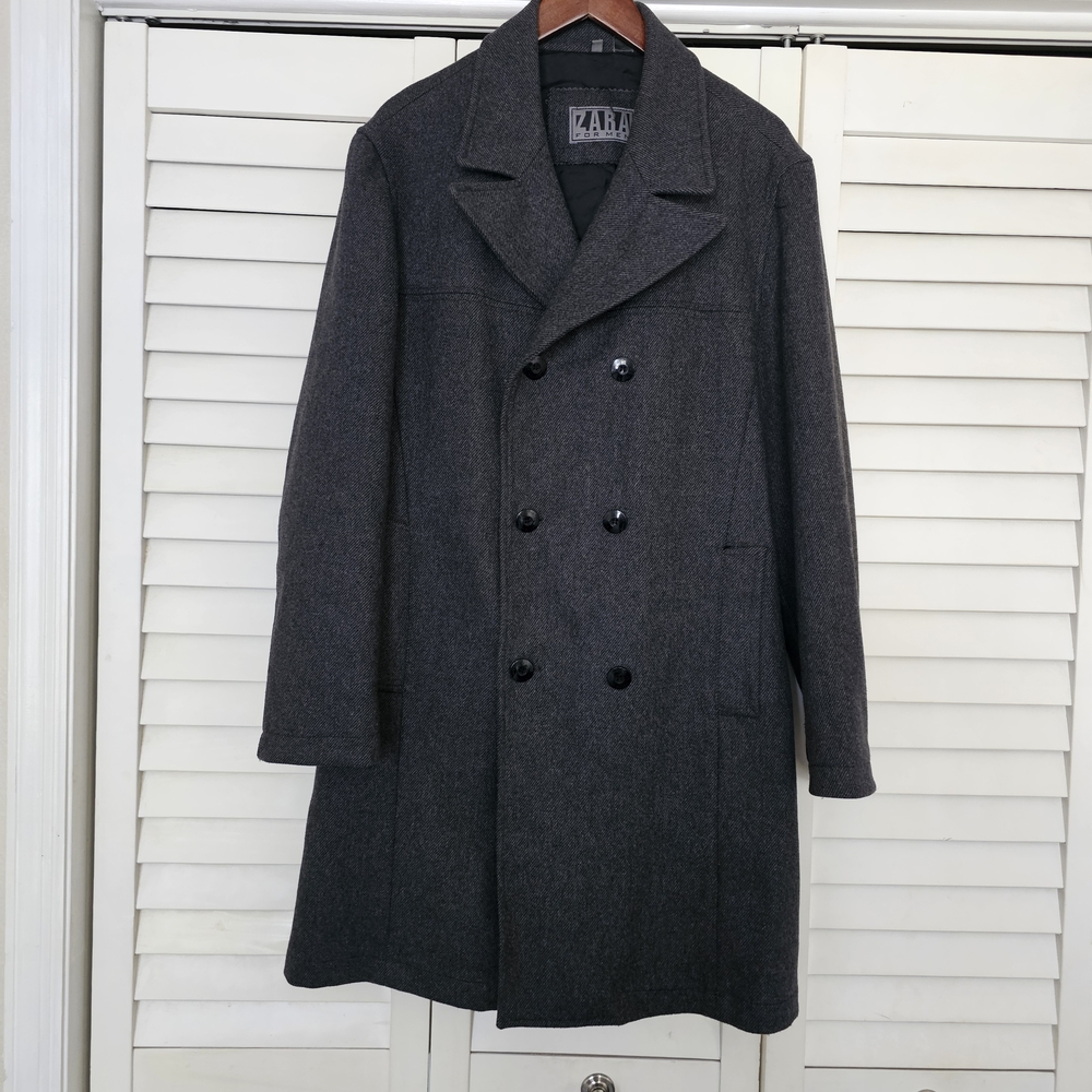 Zara Mens Gray Dress Coat Size L Herringbone Wool Blend Double Breasted